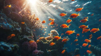 Underwater Scene with Colorful Fish and Coral Reef Illuminated by Sunlight