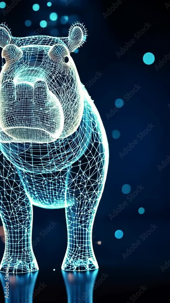 Poster wireframe representation of a hippo with glowing elements in a dark blue background