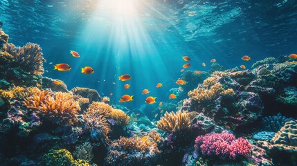 Fototapeta premium Vibrant Coral Reef with Colorful Fish Under Sunlit Ocean Surface