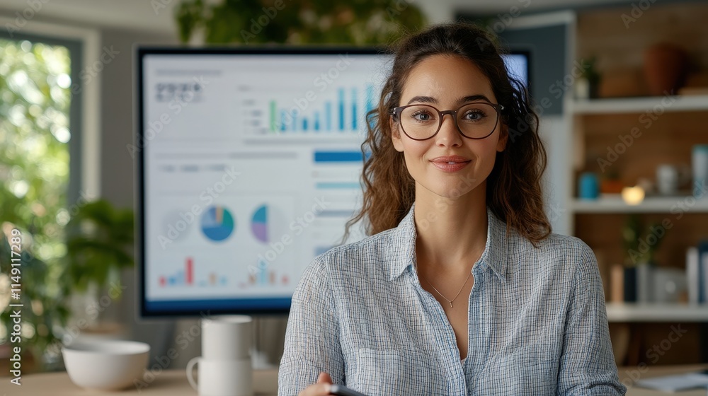 Poster professional woman in modern office environment analyzing data on digital screen with graphs and cha