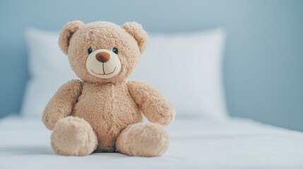 Obraz premium Cute Teddy Bear Toy on Patient Bed in Hospital Setting for Child Comfort and Healthcare Theme Showcasing Soft Beige Plush with Friendly Expression and Cozy Atmosphere