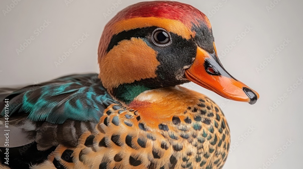 Poster a close-up of a colorful duck showcasing its vibrant plumage and intricate patterns.