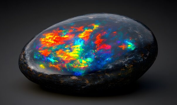 Glowing opal stone with vibrant colors on dark background.