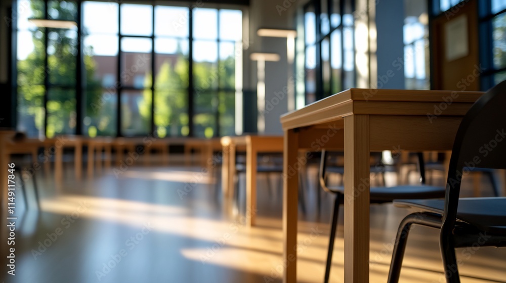 Poster empty modern wooden tables and chairs in a bright, spacious library or study area with large windows