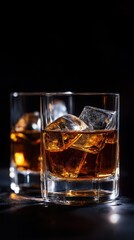 Elegant whiskey glasses filled with amber liquid, ice cubes showcased against dark background. Rich amber tones of whiskey highlight elegance, invite savoring. Premium drink ideal for nightcap