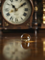 A water drop on a table with vintage clock home interior still life cozy atmosphere close-up time reflection