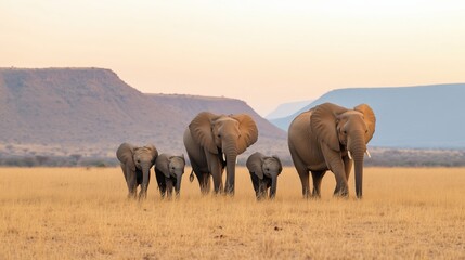 Fototapeta premium Elephant Family Walking Across the Savanna Plains During Vibrant Sunset with Mountains in Background Creating Serene Wildlife Scene