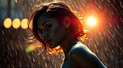 Volumetric lighting dynamically captures a young woman dancing in the rain, soft light with blurred lines and action poses, light beams visible through dust or fog
