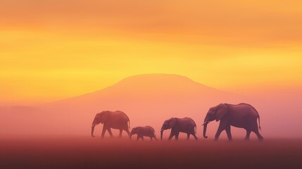 Fototapeta premium Family of Elephants Walking Through Misty African Savannah at Sunrise Against Mount Kilimanjaro with Warm Colors