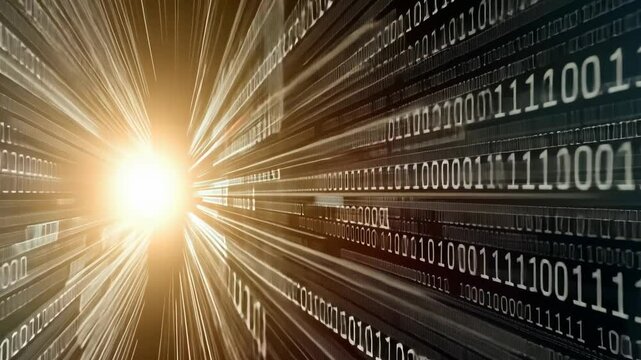A futuristic visual of binary code illuminated by a radiant golden light, showcasing technology's essence created by Generative Ai.