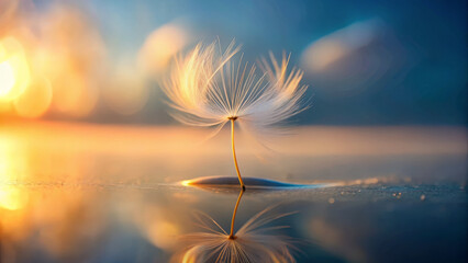 delicate dandelion seed floats gracefully on serene surface, reflecting soft colors of dawn. This minimalist scene evokes tranquility and peace