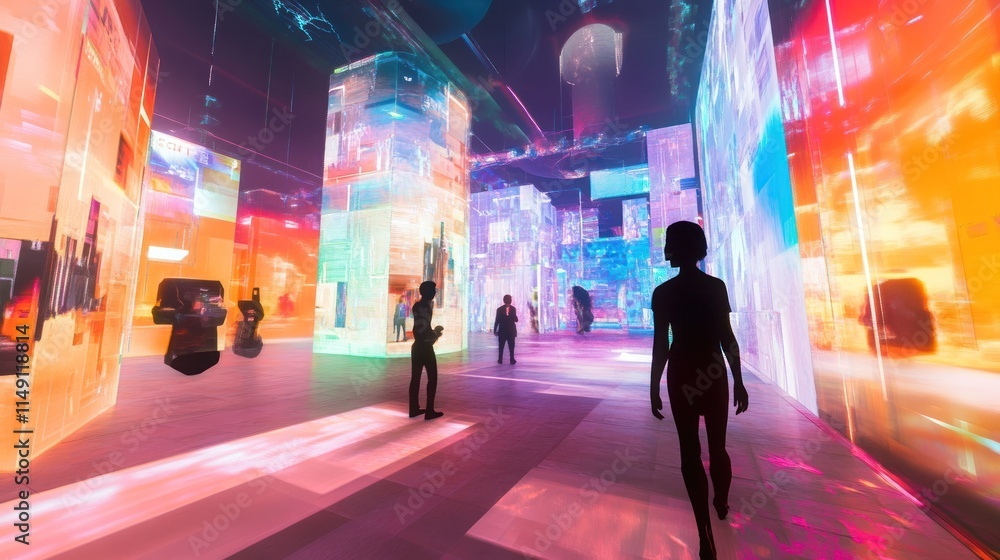 Poster a vibrant digital art space with colorful light projections and abstract structures.