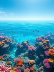 A coral reef teeming with aquatic life in an aquamarine environment, vibrant colors, oceanic scenery, sea creatures, marine life