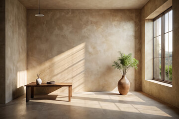 Fototapeta premium serene interior space featuring sunlit stone walls, wooden table, and decorative vase with plant. warm tones create calming atmosphere