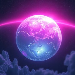 Fototapeta premium An abstract representation of a planet with a shimmering silver surface and vibrant pink skies, set against the dark backdrop of space, space, ethereal, astral, gaseous