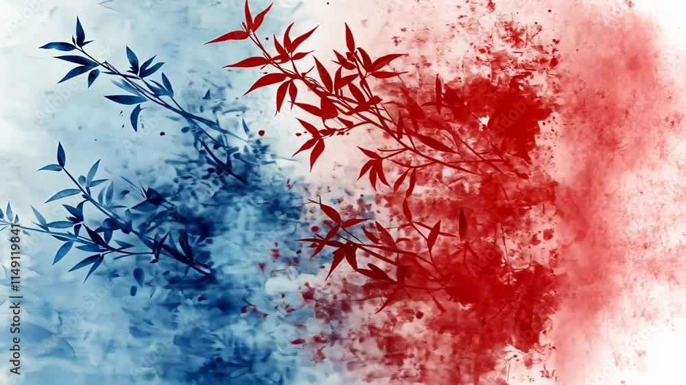 Poster abstract representation of bamboo in blue and red colors with a textured background showing artistic