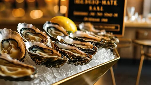A luxurious presentation of fresh oysters on ice, garnished with lemon, exuding elegance and flavor, crafted by Generative Ai.