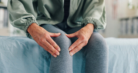 Knee, pain and senior person with hand on leg for problem, inflammation or arthritis disease....