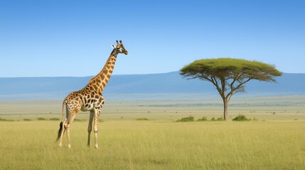 Obraz premium Graceful Giraffe Reaching for Tall Tree in African Savannah Under Clear Blue Sky on Sunny Day Wildlife Nature Photography