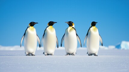 Fototapeta premium Group of Penguins Waddling Across Icy Terrain of Antarctica Under Clear Blue Sky in Winter Season Capturing Wildlife and Nature Adventure Journey on Frozen Landscape in Pristine Polar Environment