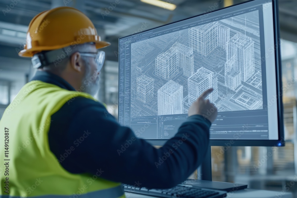 Poster engineer examines digital twin construction project. expert uses bim software for high-rise building