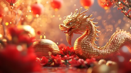 Obraz premium Golden Dragon Amidst Red Festive Decorations