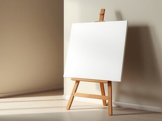 A wooden easel with a large blank canvas leaning against a wall, with empty space and simple lines around it, minimalist decor, artistic equipment