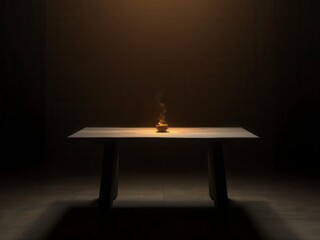 A wooden table sits alone in a dimly lit room with smoke rising from the surface as if something is burning, desolate, wooden, mysterious, empty