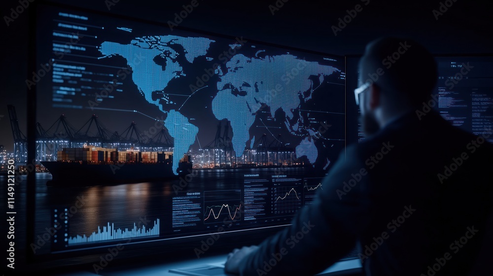 Poster person monitors global shipping data on multiple screens at night. digital map shows global network 