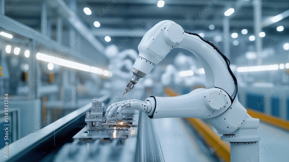 Poster modern factory automation in action. robotic arms assemble products efficiently on automated assembl