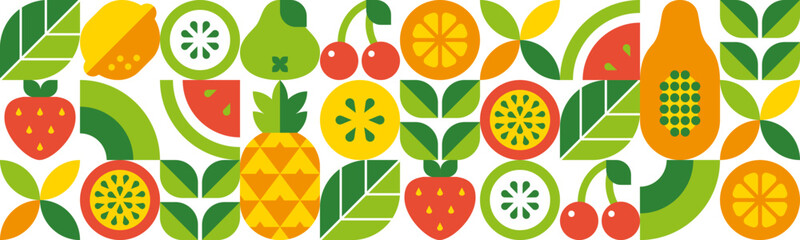 Fruits, berries, leaves and slices. Abstract geometric background. Seamless pattern. Set of vector icons in simple flat style. Isolated elements.
