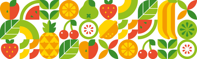 Fruits, berries, leaves and slices. Abstract geometric background. Seamless pattern. Set of vector icons in simple flat style. Isolated elements.