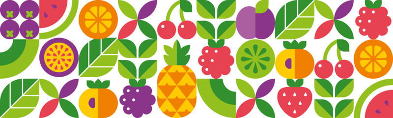 Fruits, berries, leaves and slices. Abstract geometric background. Seamless pattern. Set of vector icons in simple flat style. Isolated elements.