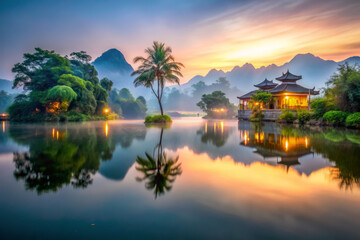 Obraz premium serene landscape featuring tranquil lake, lush greenery, and traditional pavilion at sunrise. soft light reflects beautifully on water, creating peaceful atmosphere