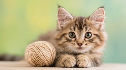 Fototapeta premium Playful Kitten with Yarn Celebrating International Cat Day in Cozy Home Setting