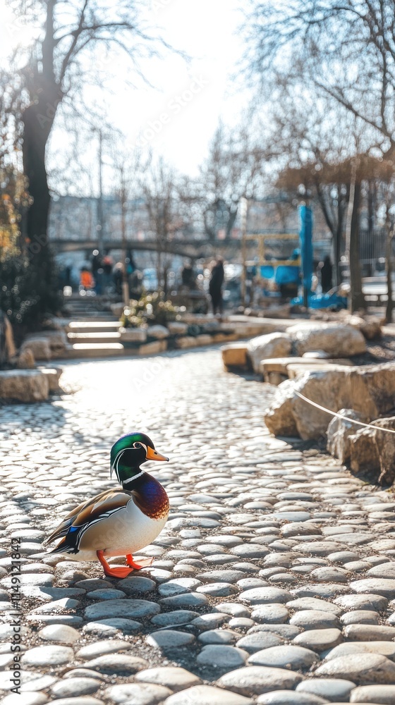 Poster a colorful duck stands on a cobblestone path in a park, surrounded by trees and people.
