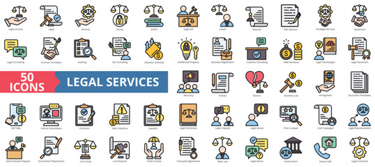 Legal services icon collection set. Containing justice, lawyer, notaries, law, immigration, advocacy, contracts icon. Simple flat outline vector illustration