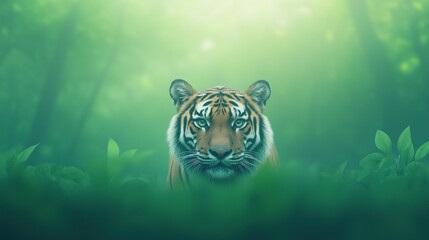 Majestic Tiger Staring Through Lush Greenery in Misty Forest Celebrating International Tiger Day Amidst Vibrant Nature and Wildlife Conservation Themes for Stock Image Photography Collection