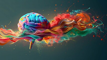 A vibrant, colorful brain exploding with abstract paint strokes and splatters.