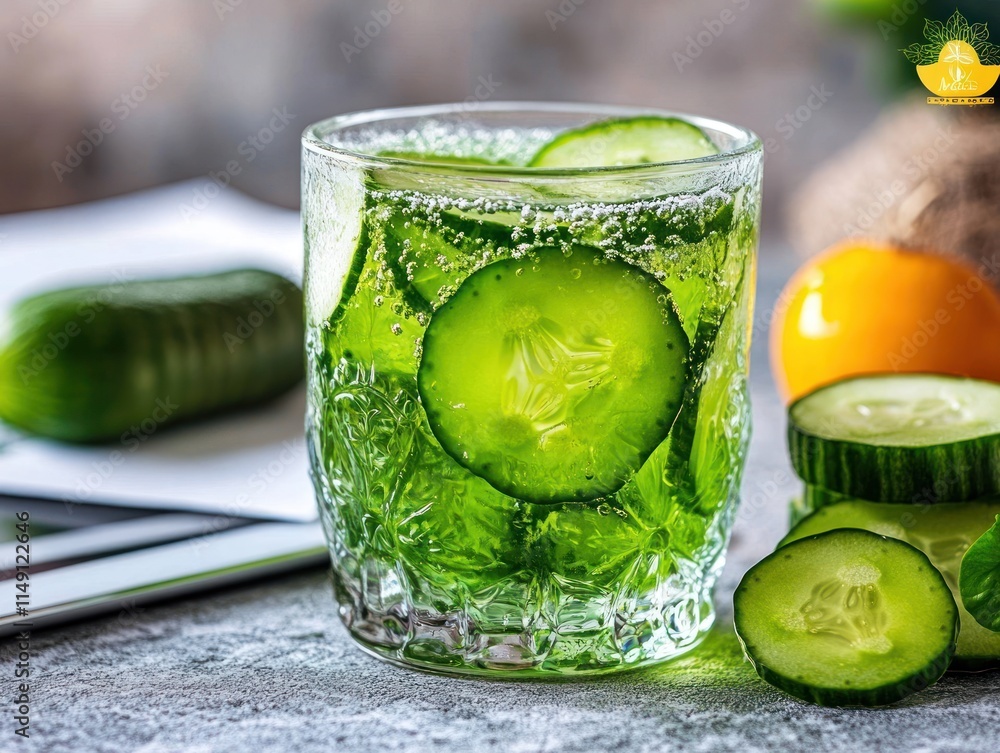 Poster refreshing cucumber drink with bubbles and slices in a glass.