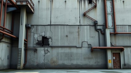 Industrial building facade with peeling paint and rusty metal, industrial building, rough-hewn.