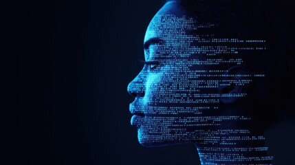 Profile view of African American woman. Face overlaid with digital code in blue light on dark blue, black background. Tech theme suggests concepts of future innovation. Image conveys strong sense of