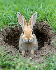 Fototapeta premium A rabbit sitting at the entrance of its burrow in a grassy area.