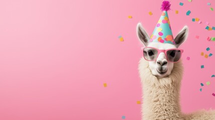 Fototapeta premium Llama Wearing Colorful Party Hat and Sunglasses on Pink Background with Confetti, Fun Celebration Vibe