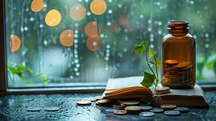 Rainy Day Savings: Coins in a Jar, Plant Sprouting on an Open Book