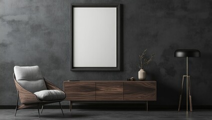 Modern Dark Living Room Interior Design with Armchair, Console Table and Floor Lamp