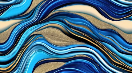 Abstract blue and gold fluid art painting with flowing waves and sparkling textures