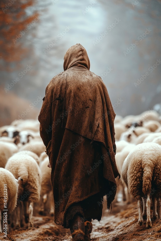 Poster a shepherd guides a flock of sheep through a misty forest path.