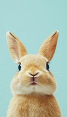 Fototapeta premium A close-up of a cute rabbit with large eyes and prominent ears against a light blue background.