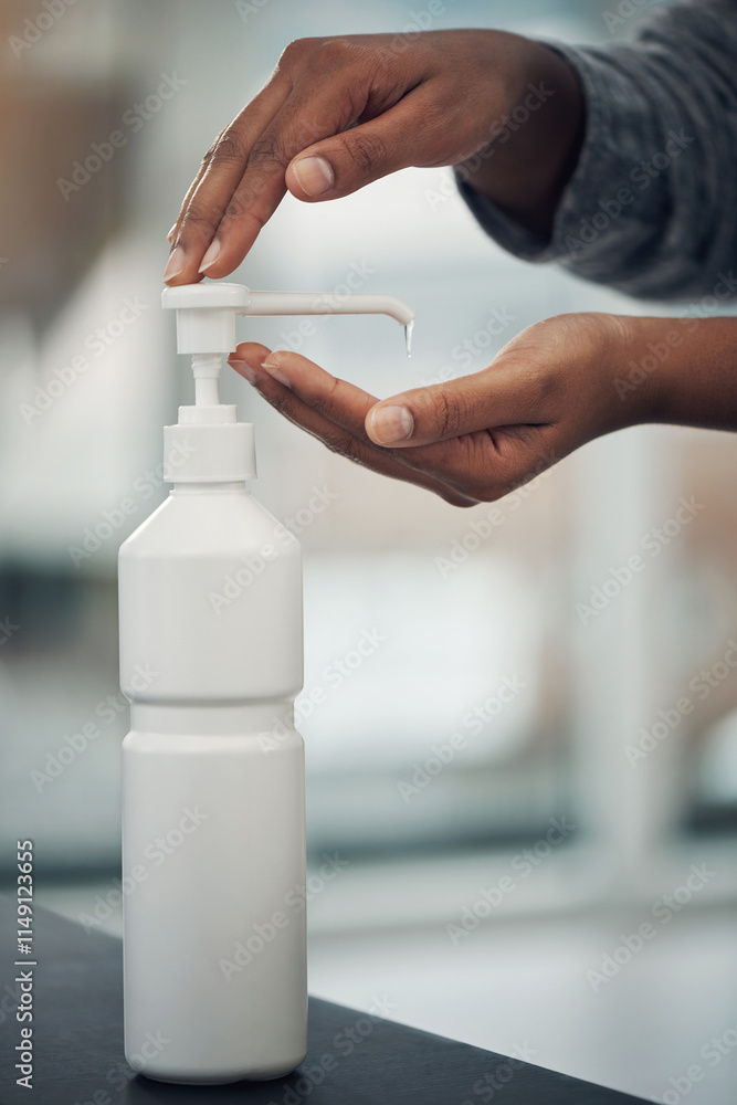 Wall mural Person, safety and hands with sanitizer in home for disinfection, germ prevention and cleaning bacteria. Closeup, liquid bottle and protection for virus hygiene, combat disease or healthcare in house